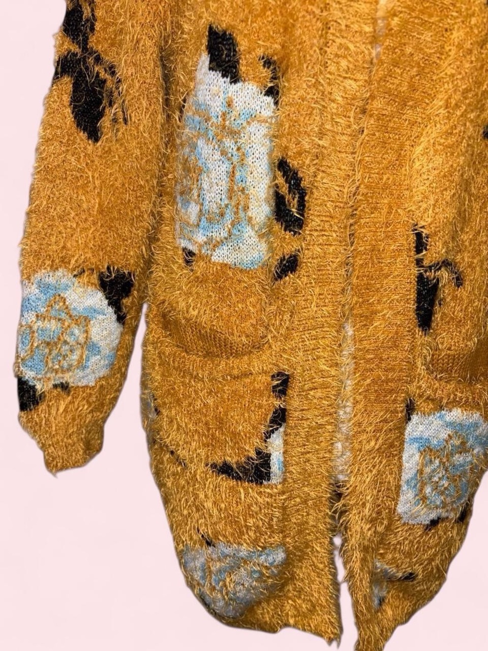 Charlotte Russe Mustard Fuzzy Floral Cardigan with Blue and Black Accents - Picture 2 of 8